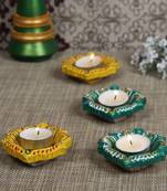 Decorated Handcrafted Diya Set In Hues Of Green & Yellow - Set Of 4