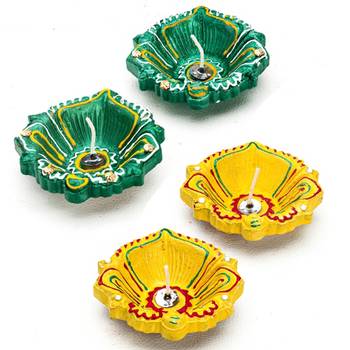 Decorated Handcrafted Diya Set In Hues Of Green & Yellow - Set Of 4 2