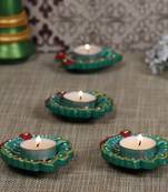 Hand Painted Leaf Shape Floor Diya Set - Set Of 4