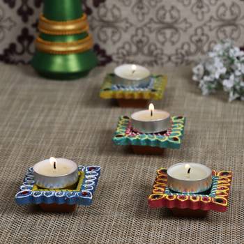 Multicolor Hand Painted And Decorated 4 Diya Set 1