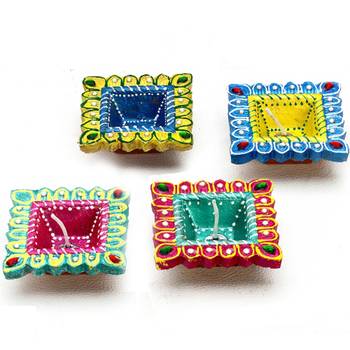 Multicolor Hand Painted And Decorated 4 Diya Set 2