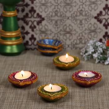 Swastika Diya Painted With Blue, Green & Red Colors - Set Of 6 1
