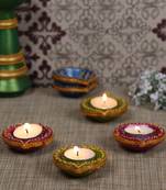 Swastika Diya Painted With Blue, Green & Red Colors - Set Of 6
