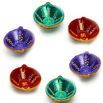 Swastika Diya Painted With Blue, Green & Red Colors - Set Of 6 2
