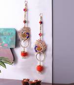 Orange Cotton Ball Drop Peacock Design Shubh Labh Door Hanging