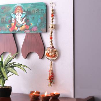 Orange & Gold Beads Ganesha Motif Door Hanging 1