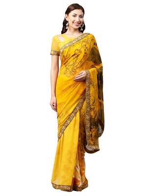Mustard Printed Georgette Saree With Blouse 1