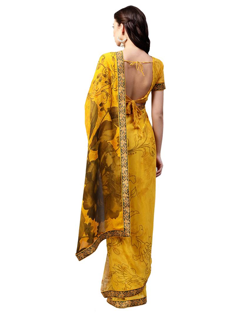 Mustard Printed Georgette Saree With Blouse