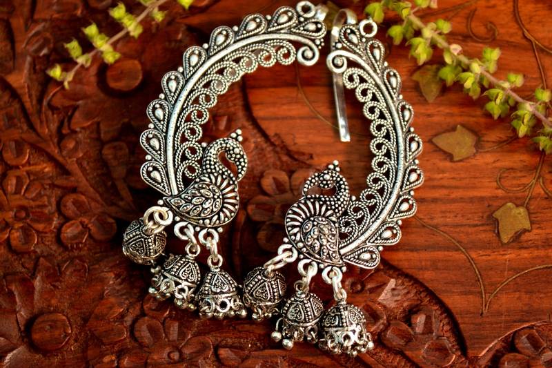 Oxidised Designer silver Peacock handcrafted jhumka jhumki ear cuff earrings for ethnic clothing
