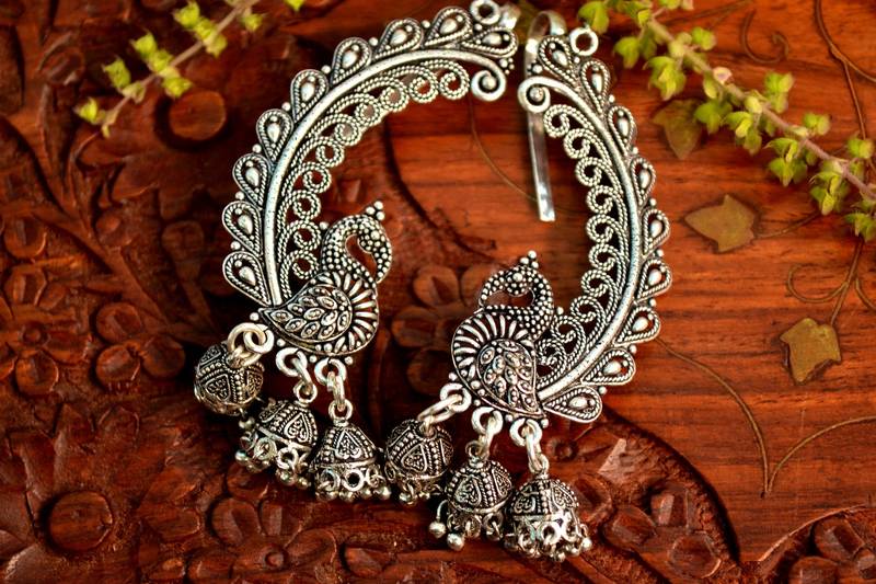 Oxidised Designer silver Peacock handcrafted jhumka jhumki ear cuff earrings for ethnic clothing