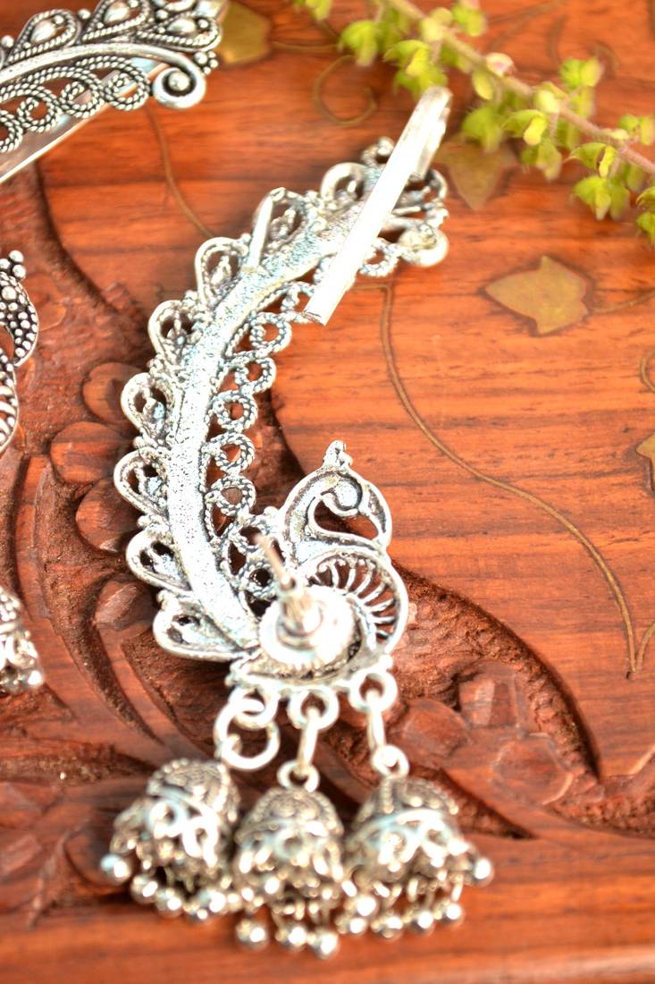 Oxidised Designer silver Peacock handcrafted jhumka jhumki ear cuff earrings for ethnic clothing