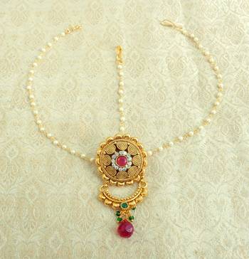 Copper Pearl Premium Gold plated rakdi mathapatti Borla Maangtikaa Hair Accessories wedding Festival - LRKD22_MG 1