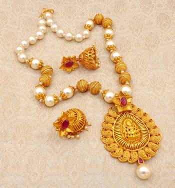 Matt Finish Laxmi Ruby Pearl Mala Long Temple Pendant Earring Set for Wedding Festival - LMPS02_RB 1