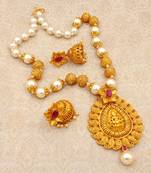 Matt Finish Laxmi Ruby Pearl Mala Long Temple Pendant Earring Set for Wedding Festival - LMPS02_RB