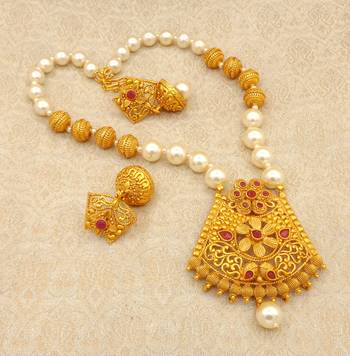 Matt Finish Ruby Pearl Mala Long Temple Pendant Earring Set for Wedding Festival - LMPS04_RB 1