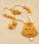 Matt Finish Ruby Pearl Mala Long Temple Pendant Earring Set for Wedding Festival - LMPS04_RB