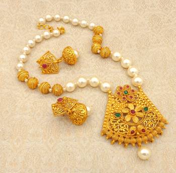 Matt Finish Ruby Green Pearl Mala Long Temple Pendant Earring Set for Wedding Festival - LMPS04_RG 1