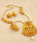 Matt Finish Ruby Green Pearl Mala Long Temple Pendant Earring Set for Wedding Festival - LMPS04_RG