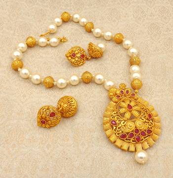 Matt Finish Ruby Pearl Mala Long Temple Pendant Earring Set for Wedding Festival - LMPS05_RB 1