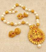 Matt Finish Ruby Pearl Mala Long Temple Pendant Earring Set for Wedding Festival - LMPS05_RB