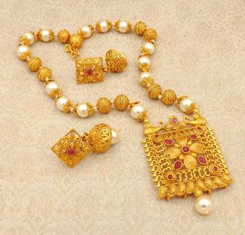 Matt Finish Ruby Pearl Mala Long Temple Pendant Earring Set for Wedding Festival - LMPS06_RB 1