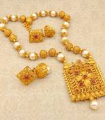 Matt Finish Ruby Pearl Mala Long Temple Pendant Earring Set for Wedding Festival - LMPS06_RB