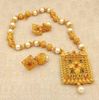 Matt Finish Ruby Green Pearl Mala Long Temple Pendant Earring Set for Wedding Festival - LMPS06_RG 1