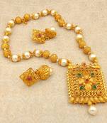 Matt Finish Ruby Green Pearl Mala Long Temple Pendant Earring Set for Wedding Festival - LMPS06_RG