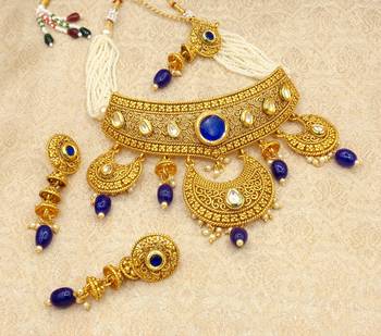 Blue Padmavati Bridal Choker Necklace Earring Maangtikka Jewellery Set for Wedding Bridal Festival - LPVN09_BL 1