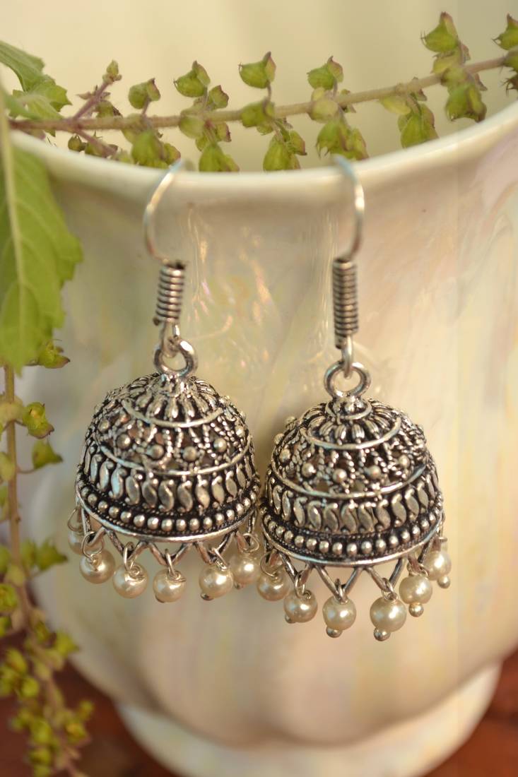 Red - Navratri Special! Zubiya German Silver Jute Fabart Jhumki Earrings