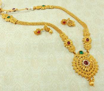Kempu Green Gold plated Long Haaram Necklace Earring Set For Wedding Festival - LLGS16_KG 1
