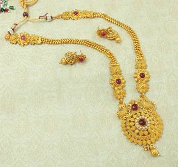 Kempu Gold plated Long Haaram Necklace Earring Set For Wedding Festival - LLGS19_KP 1
