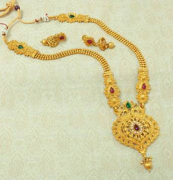 Kempu Green Gold plated Long Haaram Necklace Earring Set For Wedding Festival - LLGS20_KG 1