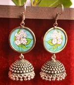 Handpainted Designer Silver Disc Earrings with Jhumka in Bottom
