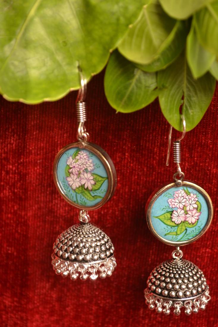 Handpainted Designer Silver Disc Earrings with Jhumka in Bottom