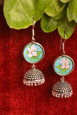 Handpainted Designer Silver Disc Earrings with Jhumka in Bottom 3