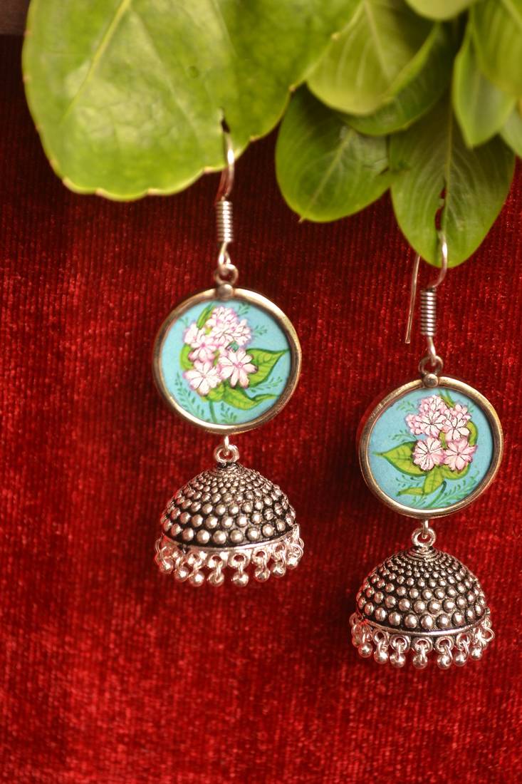 Handpainted Designer Silver Disc Earrings with Jhumka in Bottom