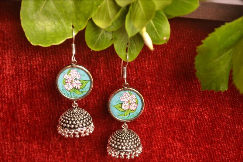Handpainted Designer Silver Disc Earrings with Jhumka in Bottom