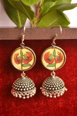 Handpainted Designer Silver Disc Earrings with Jhumka in Bottom 1
