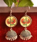 Handpainted Designer Silver Disc Earrings with Jhumka in Bottom