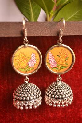 Handpainted Designer Silver Disc Earrings with Jhumka in Bottom 1