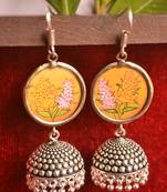 Handpainted Designer Silver Disc Earrings with Jhumka in Bottom