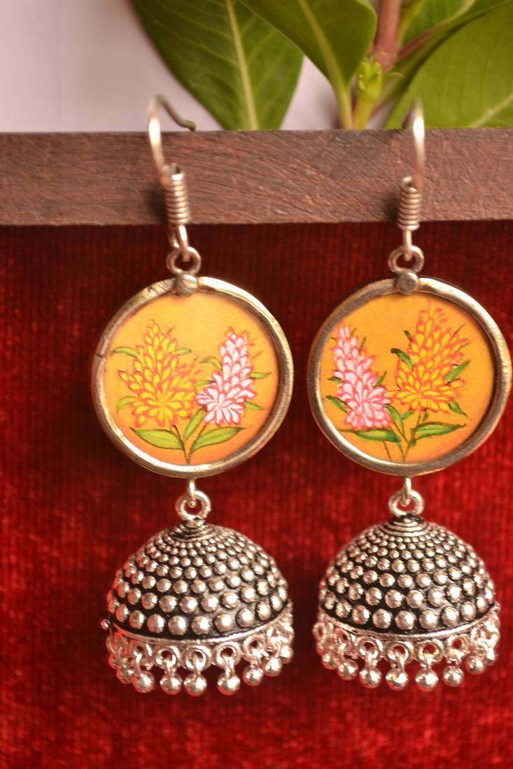 Handpainted Designer Silver Disc Earrings with Jhumka in Bottom