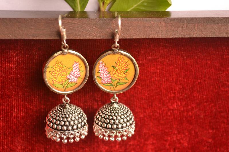 Handpainted Designer Silver Disc Earrings with Jhumka in Bottom