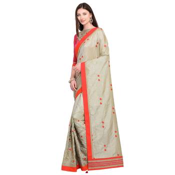 beige embroidered two tone silk saree with blouse 1