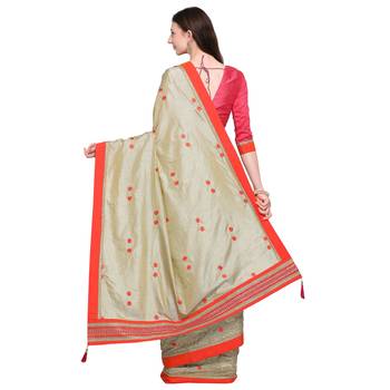 beige embroidered two tone silk saree with blouse 2