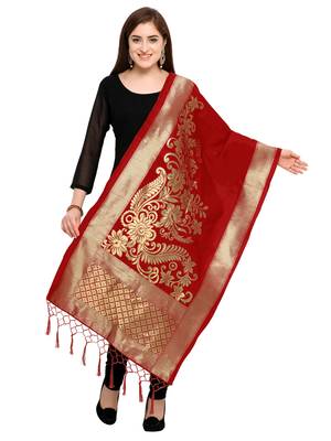 Red Banarasi silk blend Zari Woven Dupatta 1