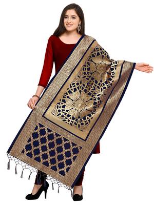 Navy Banarasi silk blend Zari Woven Dupatta 1