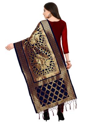 Navy Banarasi silk blend Zari Woven Dupatta 2