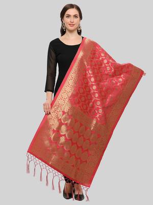 Light Red Banarasi silk blend Zari Woven Dupatta 1